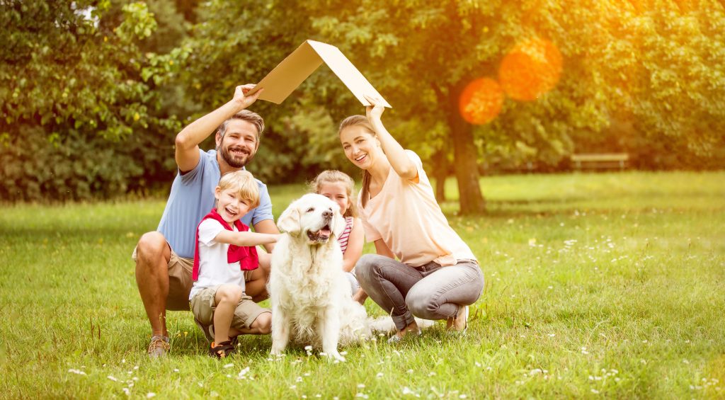 Vater, Mutter, zwei Kinder und ein Hund mit Pappdach über dem Kopf auf grüner Wiese